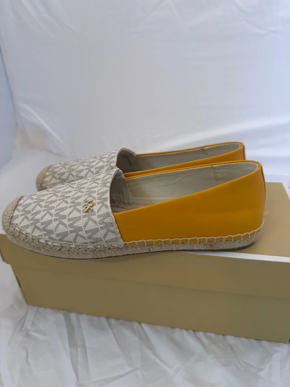 Michael Kors MK Logo Espadrille Flats in White and Tan with Yellow Trim